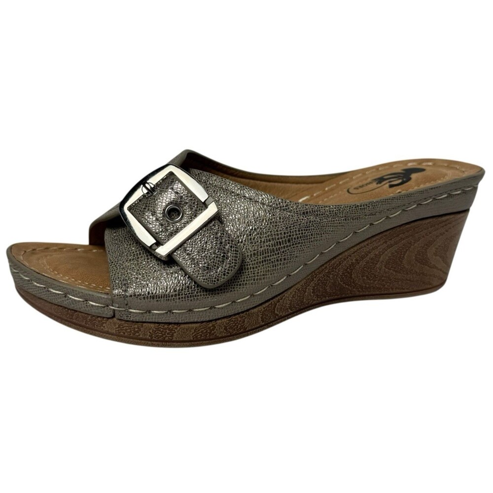 GC Shoes Women Size 7 Wedge Sandals Buckle Comfort Pewter Justina New